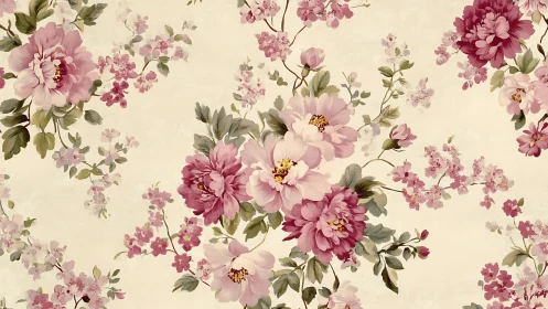 Vintage floral pattern with pink peonies on cream ground.