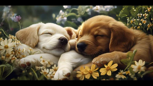 Golden Moments: Two Puppies Resting in a Bloom Garden.