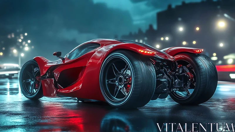 Futuristic red supercar glows on a rain-slick neon city street
