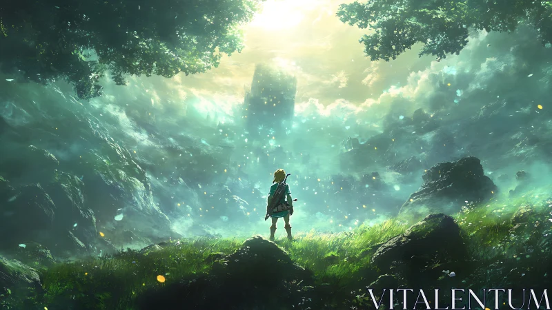 Lone adventurer greeting a mist-drenched emerald horizon.