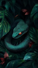 Digital painting study of emerald viper in dense tropical foliage.
