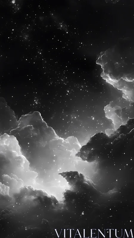 Monochrome cloud structures against dense star field backdrop.