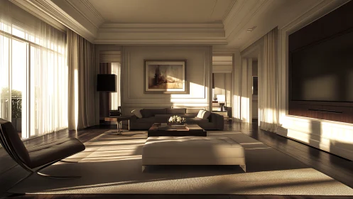 Sunlit modern living room interior shows warm neutral design