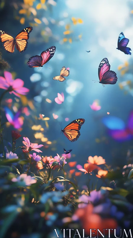 Butterflies drifting through a sunlit dreamlike garden.
