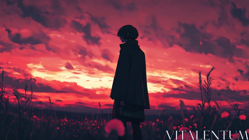 Solitary figure in dark coat under intense red sunset sky.