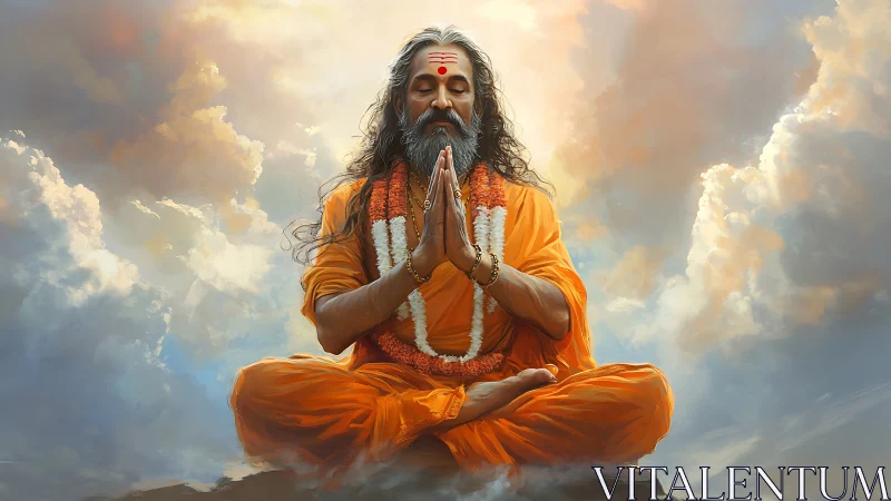 Meditating elder in orange robes against clouded sky.