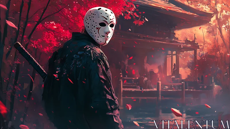 Masked figure by temple in red autumn forest at dusk.