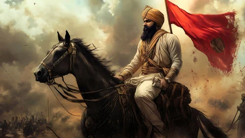 Sikh cavalry leader on horseback with red battle flag.