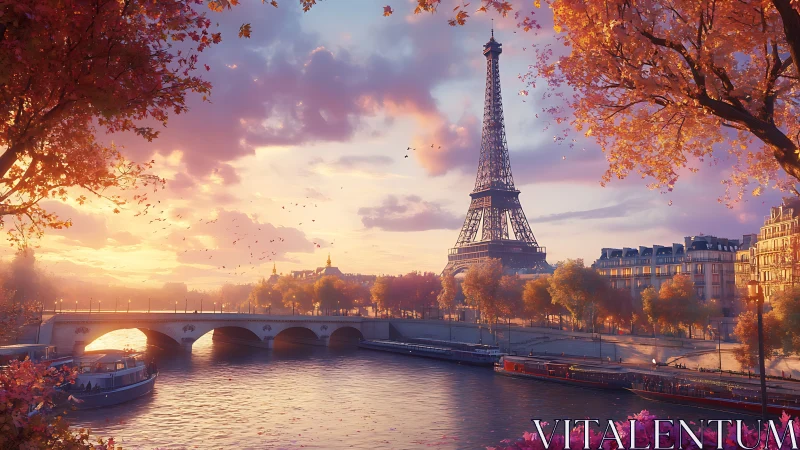 Autumn dusk drapes Paris in rosy light along the quiet Seine.