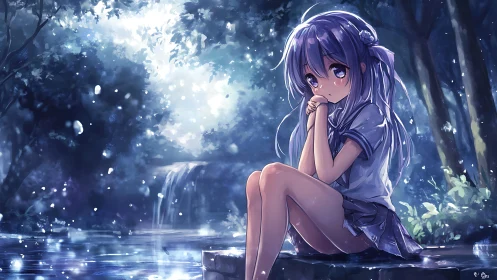 Moonlit anime girl beside glowing forest waterfall pond.