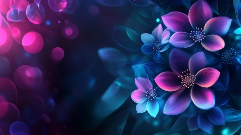 Neon Digital Flowers with Glowing Bokeh Background