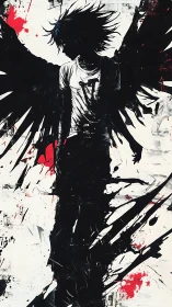 Silhouetted dark angel figure rendered in high-contrast splatter art