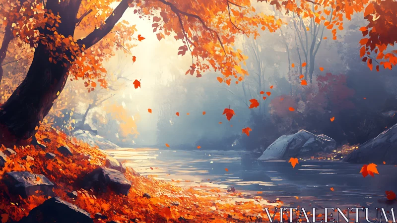 Golden autumn river glows softly beneath drifting leaves