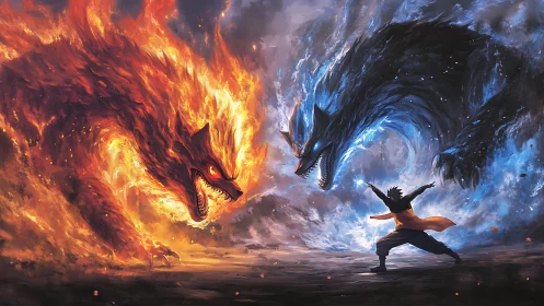 Elemental animal duel with human summoner at center point.