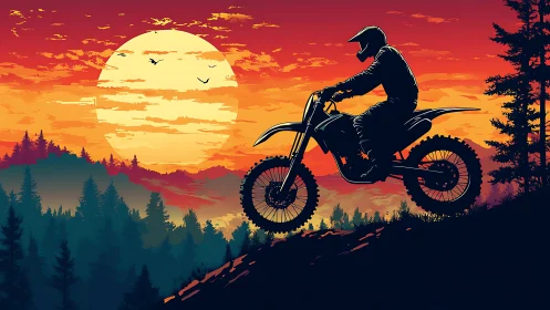 Sun-chasing dirt biker climbs a wildfire-colored horizon trail.