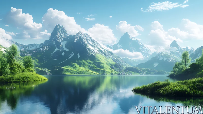 High alpine lake with snowcapped peaks and lush summer banks.