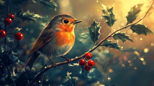 Robin of Winterlight perched among holly’s red lanterns.