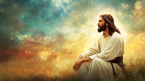 Gentle figure resting beneath a dreaming, starry sky.