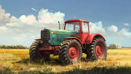 Sunlit vintage tractor rests proudly in golden farm field