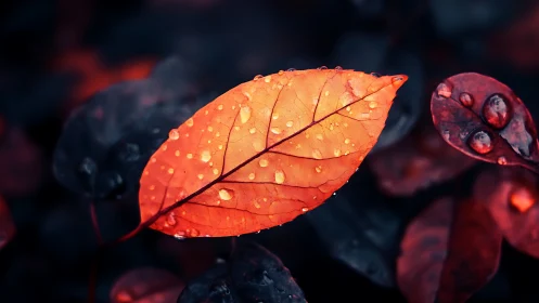 Single orange leaf with raindrops on dark blurred foliage.