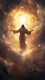 Heaven-bent figure opens their arms to a collapsing star-sky