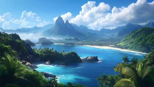 Tropical bay surrounded by forested mountains and volcanic peaks under partly cloudy sky
