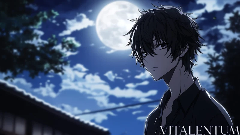 Lunar backlit anime teen in high-contrast nocturnal scene.
