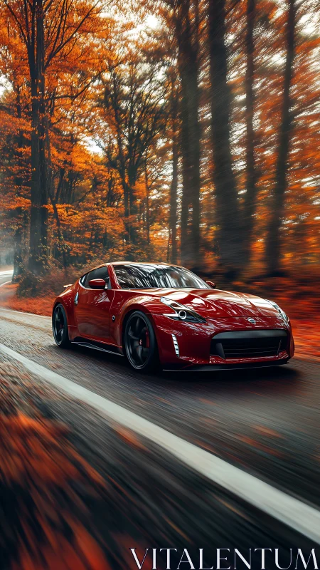 Sportscar races through an autumn forest in vivid motion