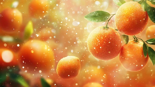 Digital painting of citrus fruit cluster in radiant bokeh field.