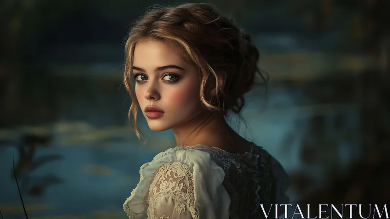 Soft evening portrait of young woman by tranquil lakeside