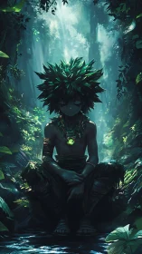 Forest spirit child resting in a sunlit emerald sanctuary.