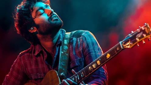 Guitarist closes eyes in vivid stage lights while performing.