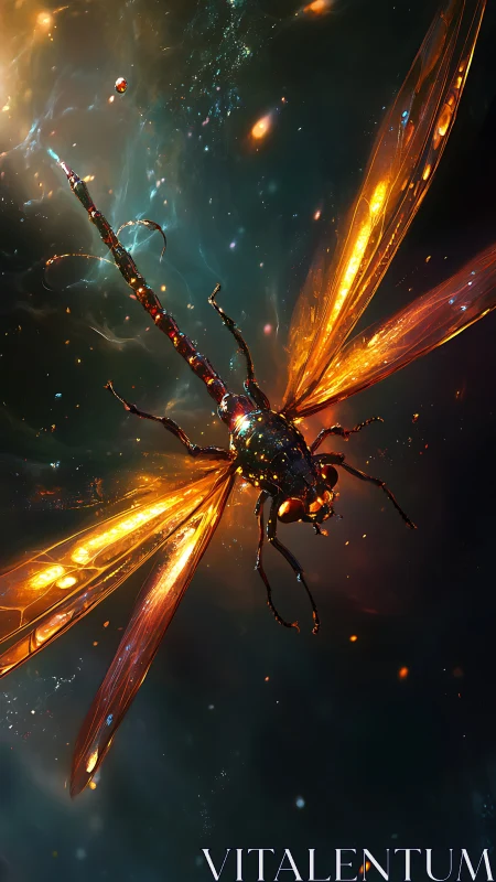 Luminous cosmic dragonfly drifts through a glowing nebula sky
