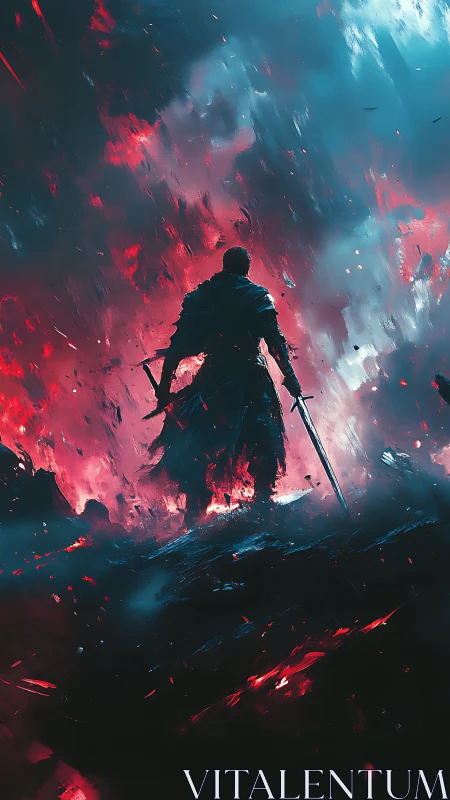 Digital painting of lone warrior in apocalyptic chromatic storm.