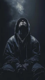 Moody hooded portrait under swirling night clouds.