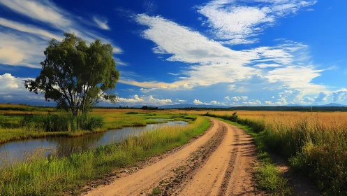 Country dirt road curves beside reflective irrigation canal under clouds