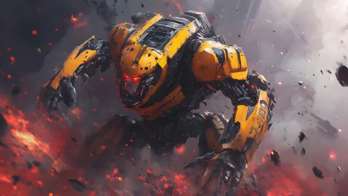 Heavy combat exosuit descends through eruptive debris field under fire