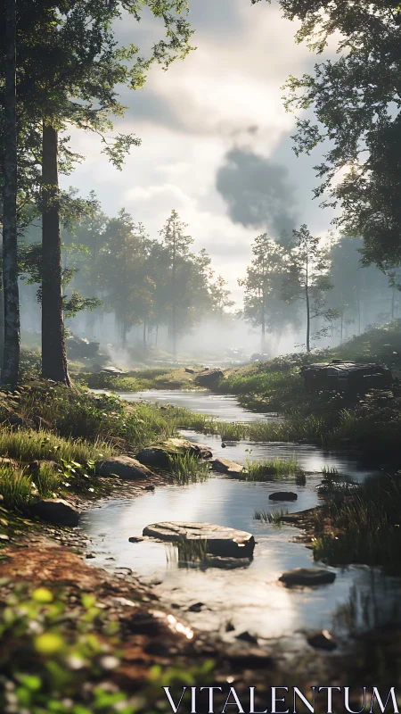 Misty forest stream cutting through woodland landscape.