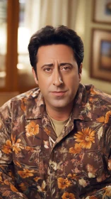Middle-aged man in floral shirt rendered in warm photoreal detail