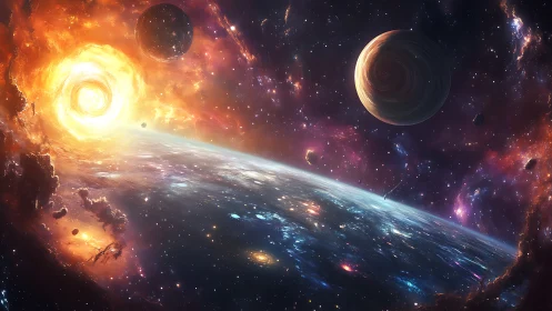 Stellar vortex over tilted exoplanetary horizon, digital painting.