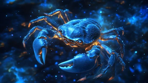 Bioluminescent blue crab drifting through cosmic ocean.