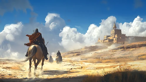 Riders crossing sunlit sands toward a distant golden citadel.
