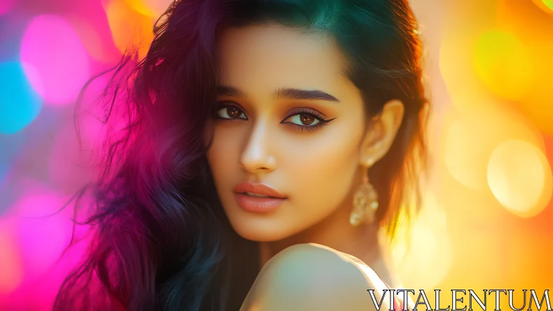 Luminous portrait of woman amid neon bokeh glow.