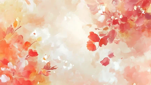 Abstract floral composition with soft red and peach tones.