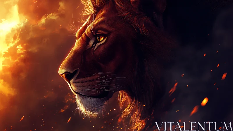 Firelit lion gazes into stormy shadows of a burning sky.