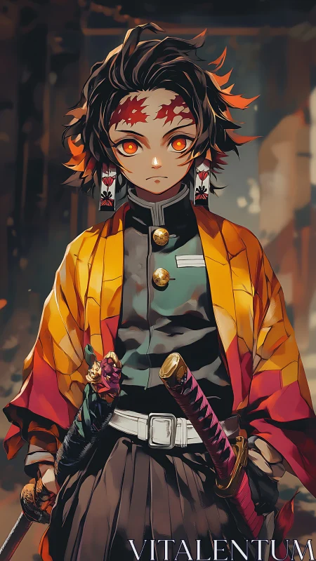 Anime swordsman stands in patterned haori with glowing eyes