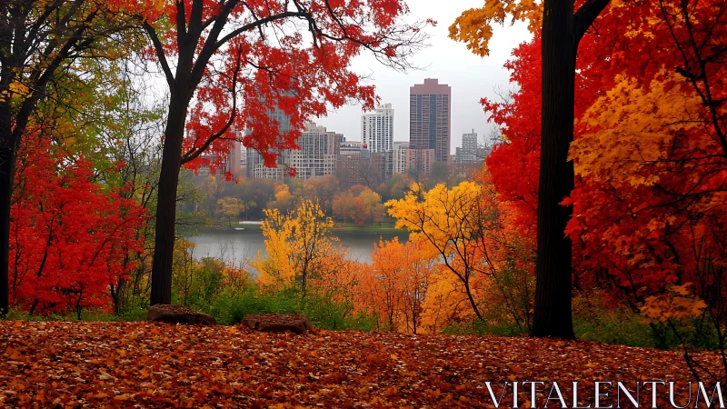 Urban skyline framed by saturated autumn foliage panorama.