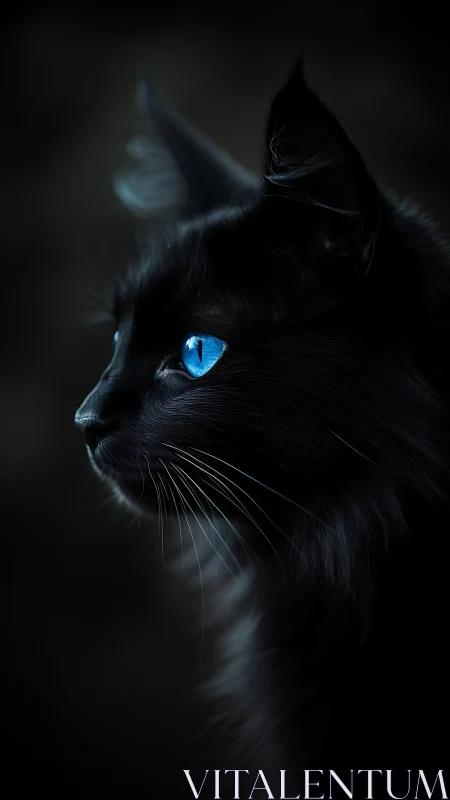 Black Cat with Luminous Blue Eyes in Atmospheric Shadow