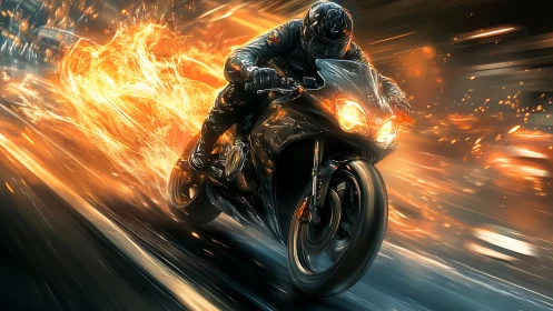 Flaming sport bike racer blasting through neon night street.