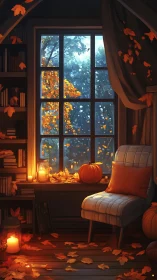 Autumn reading nook with candlelit window glow and pumpkins.
